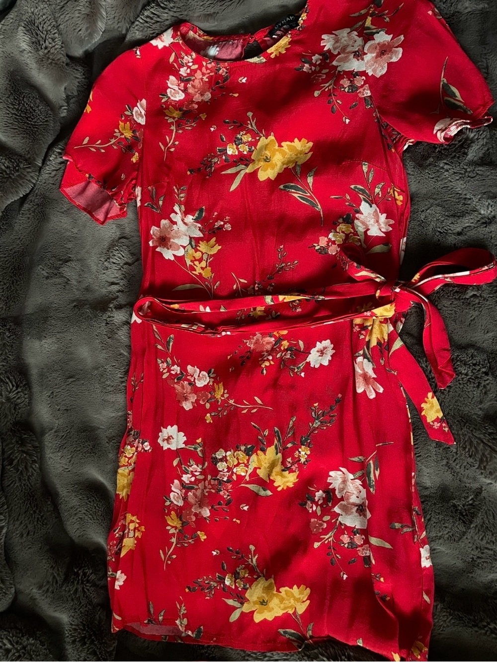 Dynamite Floral Tie-Waist Red Dress